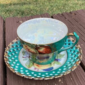 Royal Halsey Very Fine Teacup & Saucer Green Luster Gold Fruit Reticulated